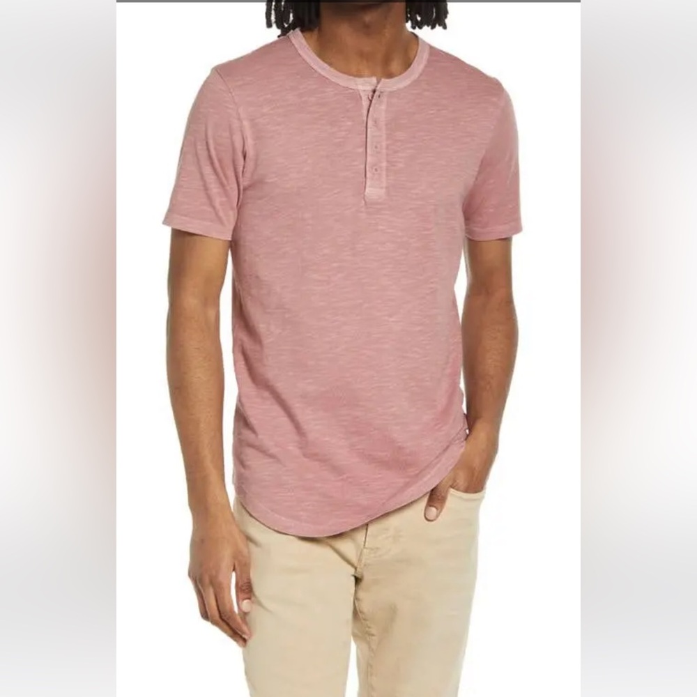 Goodlife Men's Sun-Faded Slub Cotton Scalloped Hem Short Sleeve Henley